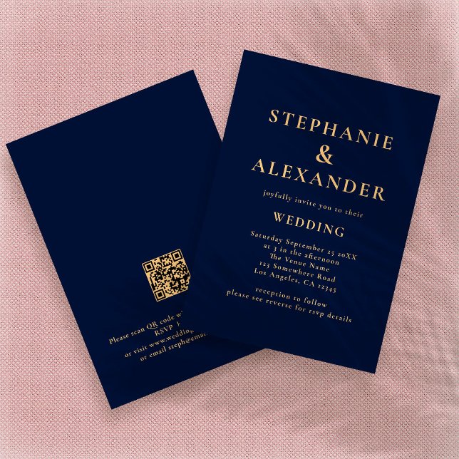 Invitation Classy Navy Blue Gold Texte QR Code Mariage (Créateur téléchargé)