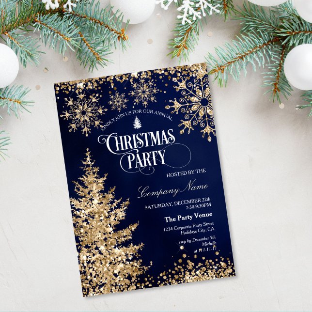 Invitation Classy Navy Gold Glitter Corporate Christmas Party (gold glitter christmas tree on the navy blue background christmas party invitation)