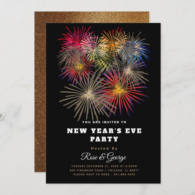 Invitation Classy New Year's Eve Party 20XX Golden Fireworks (Devant / Derrière)