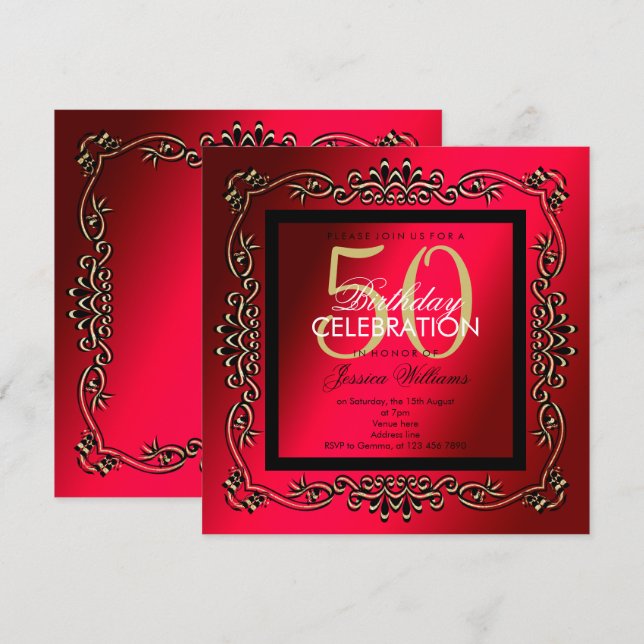 Invitation Classy Or et Cerise Femme 50e Anniversaire (Devant / Derrière)