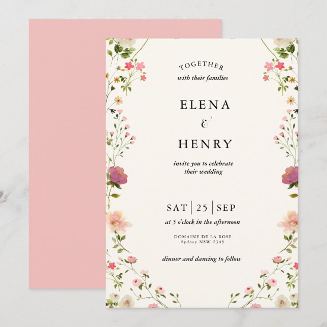 Invitation Classy Pastel Fleur sauvage Secret Garden Wedding (Devant / Derrière)