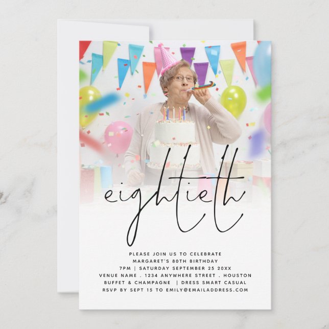 Invitation Classy Photo Overlay Script 80th Birthday Party (Devant)