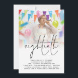 Invitation Classy Photo Overlay Script 80th Birthday Party<br><div class="desc">Classy Photo Overlay Script 80th Birthday Party. Moderne minimaliste pour votre fête du quatre-vingtième anniversaire,  avec un élégant scénario pour le titre. Remplacez simplement l'exemple de photo par votre préféré et personnalisez le reste du texte au besoin</div>