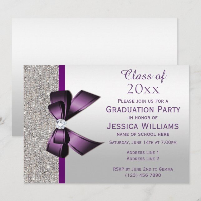Invitation Classy Purple Gem Bow, Silver Sequins Graduation (Devant / Derrière)