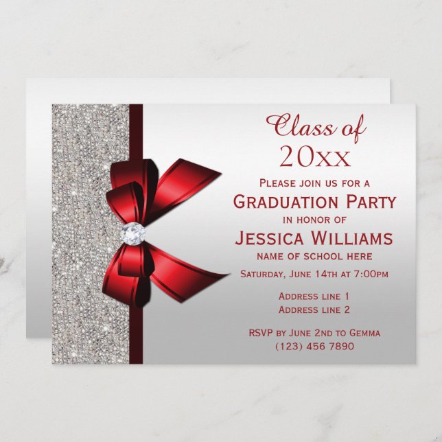 Invitation Classy Red Gem Bow, Silver Sequins Graduation (Devant / Derrière)