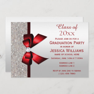 Invitation Classy Red Gem Bow, Silver Sequins Graduation