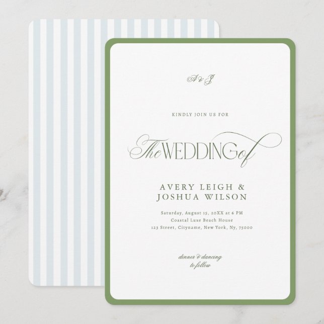 Invitation Classy Sage Green & Blue Stripes Coastal Wedding (Devant / Derrière)