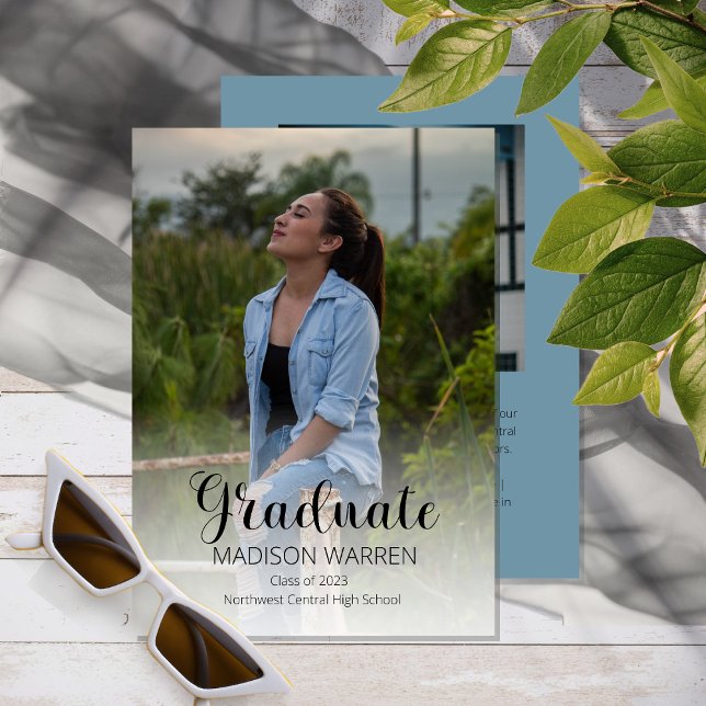 Invitation Classy Script Graduate Deux Photo Graduate Bleu (Créateur téléchargé)