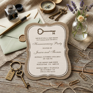 Invitation Clé de cœur en toile de jute rustique pour nouvell