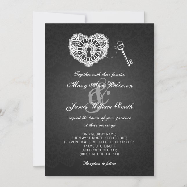 Invitation Clé De Mariage Élégante À Mon Coeur Noir (Devant)