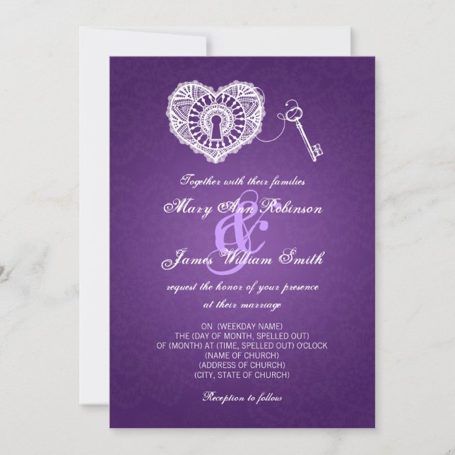Invitation Clé De Mariage Élégante De Mon Coeur Violet (Devant)