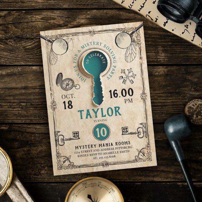 Invitation Clé de salle d'évasion sarcelle rétro Mystère Réso (Créateur téléchargé)