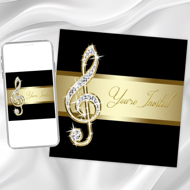 Invitation Clé de Sol Musicale Élégante Noir et Or (Elegant any musical event invitation with beautiful diamond and gold treble clef. )