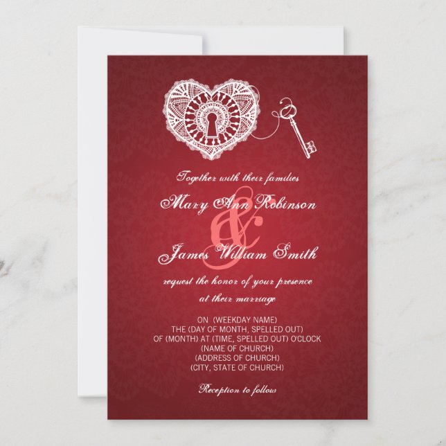 Invitation Clé élégante de mariage à mon rouge de coeur (Devant)