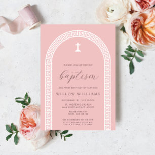 Invitation Clé grecque Arc Dusty Rose Baptême