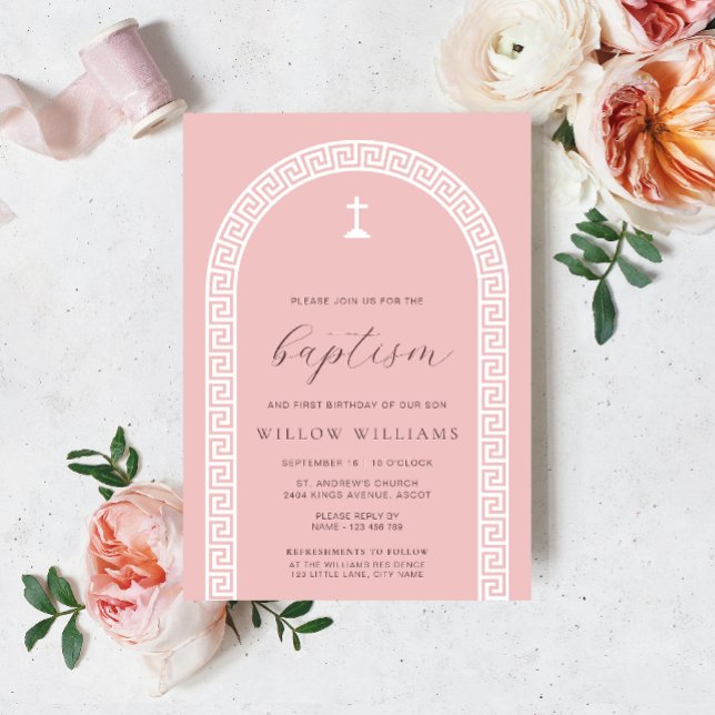 Invitation Clé grecque Arc Dusty Rose Baptême (Baptism Invitation Greek Key Pink White )