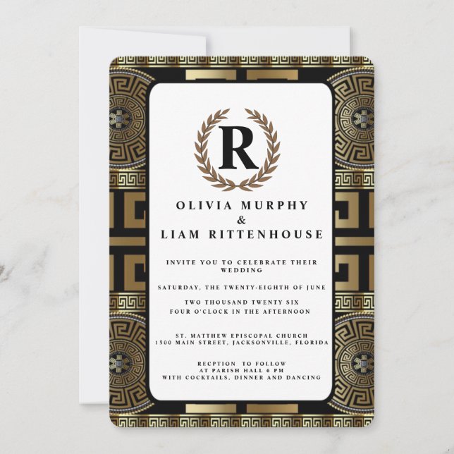 Invitation Clé grecque classique formelle de couronne de laur (Devant)