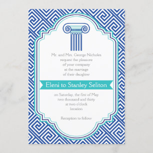 Invitation Clé grecque et aqua, colonne bleue mariage grec