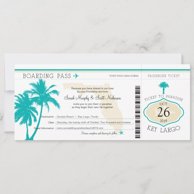 Invitation Clé Largo Floride Palm Tree Boaring Pass Mariage (Devant)