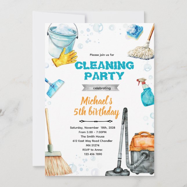 Invitation Cleaning birthday party invite (Devant)
