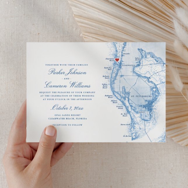 Invitation Clearwater Beach FL Map Élégant Mariage Bleu (Clearwater Beach FL Map Wedding Invitation in Elegant Navy Blue from Coastal Map Designs )