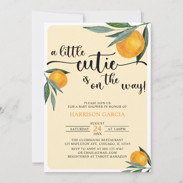 Invitation Clementine Orange A Little Cutie Baby shower (Devant)