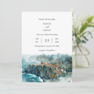Invitation Cliffside Coastal Village Watercolor Beach Mariage