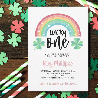 Invitation Clocher rose et arc-en-ciel chanceux un premier an