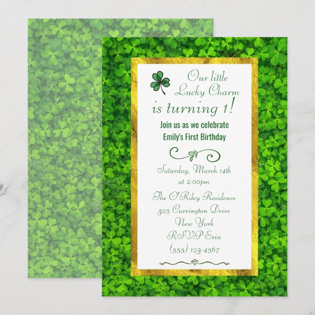 Invitation Clocher vert avec huile d'or FAUX 1er anniversaire (Devant / Derrière)