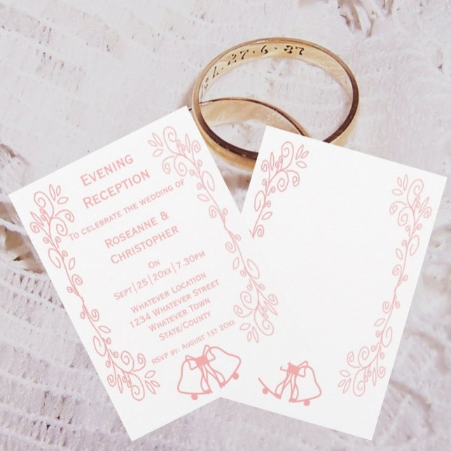 Invitation Cloches d'invitation à la réception de mariage ros (Pink wedding reception invitation bells and scrollwork design)