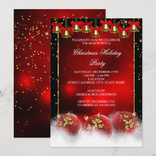Invitation Cloches dorées Boules Rouges Fête de Noël