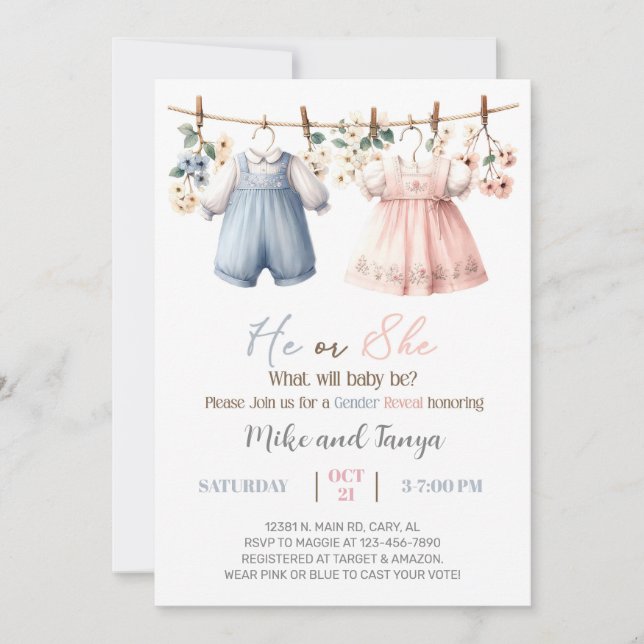 Invitation Clothesline gender reveal invitation, flowers. (Devant)