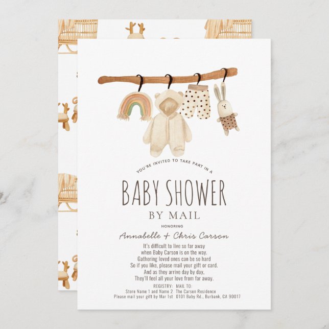 Invitation Clothesline Genre Neutre Baby shower par courrier (Devant / Derrière)