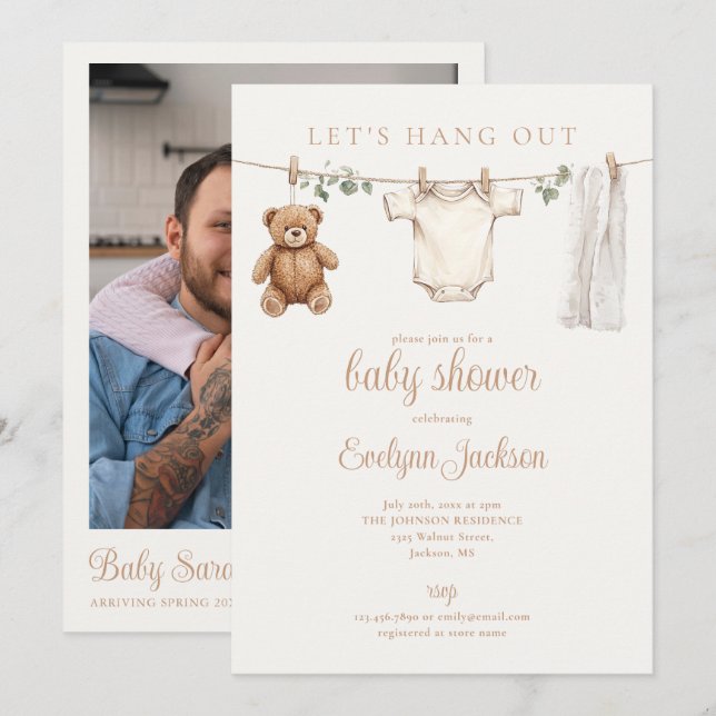 Invitation Clothesline Neutral Baby Shower Photo QR Code (Devant / Derrière)
