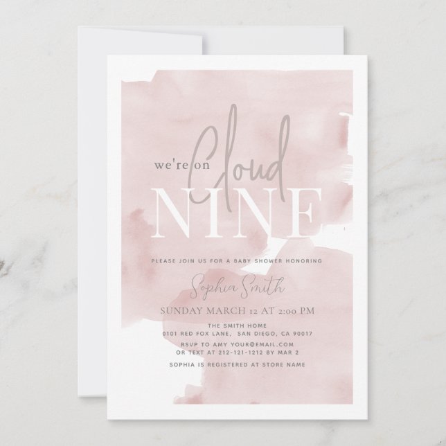 Invitation Cloud 9 Ciel rose Aquarelle Baby shower fille (Devant)