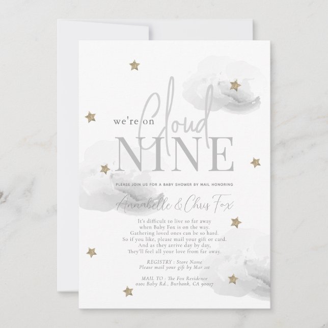 Invitation Cloud 9 Gold Star Gris Baby shower par courrier (Devant)