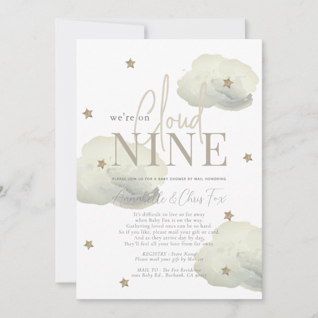 Invitation Cloud 9 Gold Stars Aquarelle Baby shower par courr (Devant)