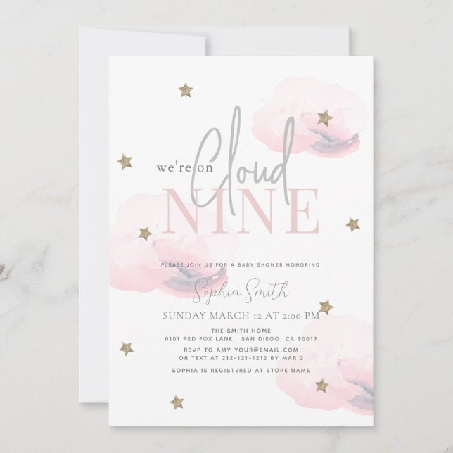 Invitation Cloud 9 Gold Stars Aquarelle Baby shower rose (Devant)