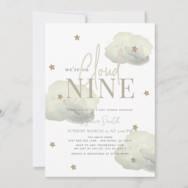 Invitation Cloud 9 Gold Stars Baby shower Aquarelle (Devant)
