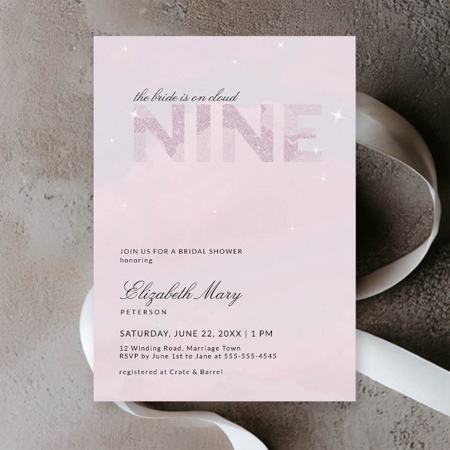 Invitation Cloud 9 Moderne Dreamy Parties scintillant rose Fê (cloud 9 bridal shower invitation dreamy romantic pastel pink glitter clouds sky modern calligraphy)