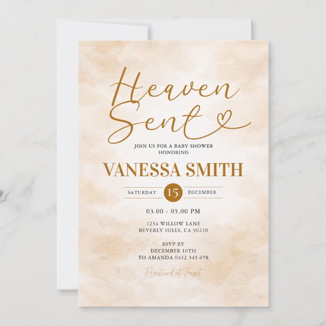 Invitation Cloud Heaven Sent Baby Shower Beige Watercolor (Devant)