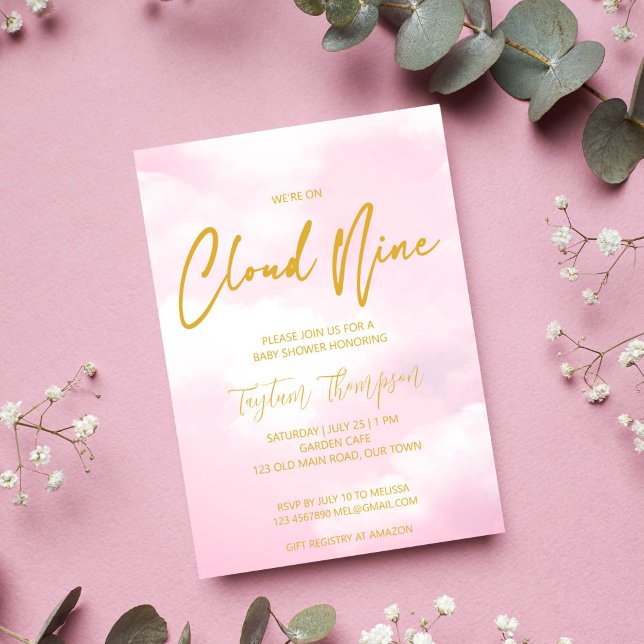 Invitation Cloud neuf baby shower rose et or (Cloud nine baby shower invitation template pink and gold on cloud nine invite instant download)