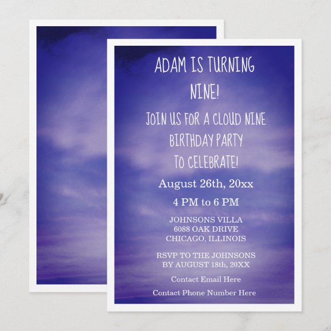 Invitation Cloud Neuf garçons d'anniversaire filles 9e Blue A (Devant / Derrière)