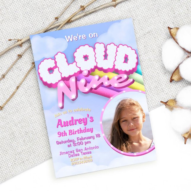 Invitation Cloud Nine - 9e anniversaire avec photo (Cloud Nine - 9th Birthday with Picture Photo Invitation)