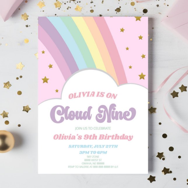 Invitation Cloud Nine Rainbow et Stars 9e fête d'anniversaire (Créateur téléchargé)