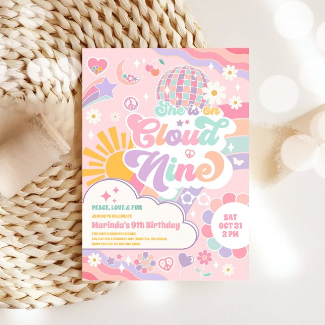 Invitation Cloud Nine Rétro Groovy Daisy 9e Anniversaire (Créateur téléchargé)