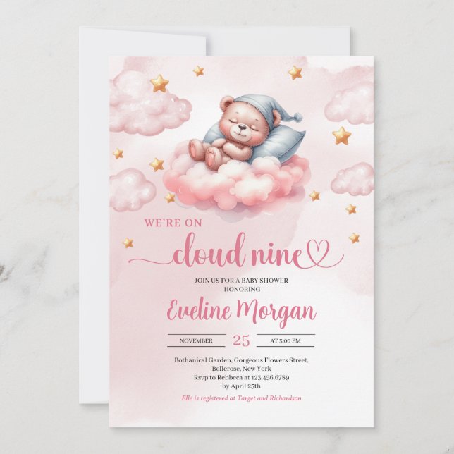 Invitation Cloud rose et or neuf filles baby shower (Devant)