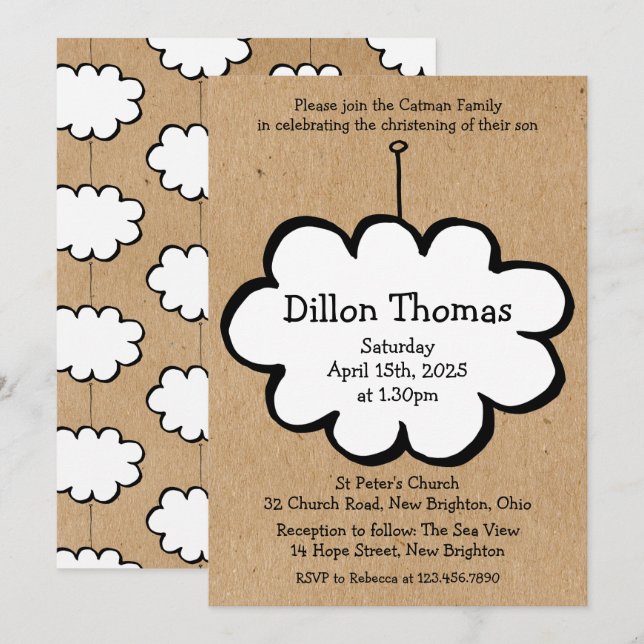 Invitation Cloud sur une chaîne Baptême Christening (Devant / Derrière)