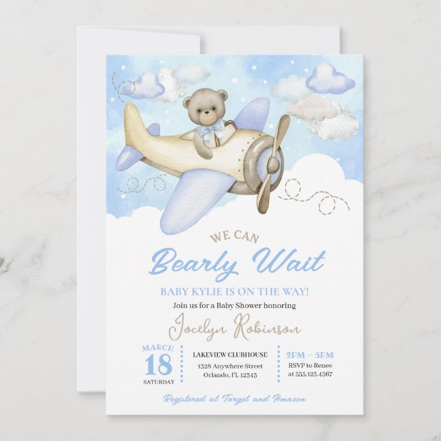 Invitation Clouds bleus Volant Teddy Bear Baby shower pilote (Devant)