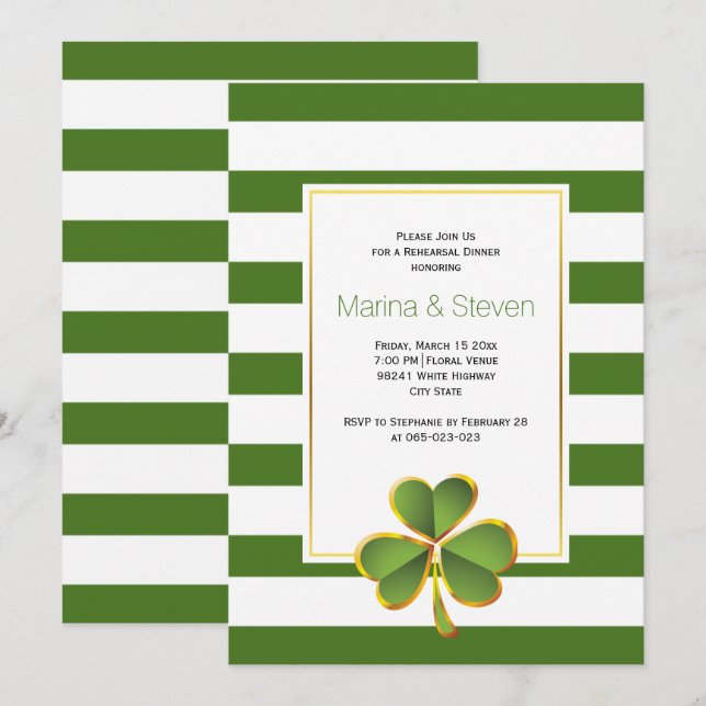 Invitation Clover & vert, rayures mariage dîner de répétition (Devant / Derrière)